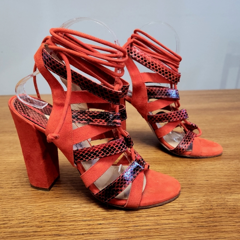 Paul Andrew x J. CREW Lace-Up High Heel Sandals in Red/Orange Suede Snake Print